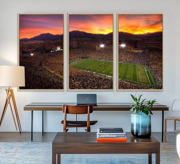 58708-MGV-FC-48X32-3P_Natural-Colorado Buffaloes Football Team Print - Boulder Folsom Field Stadium Wall Art Canvas Print