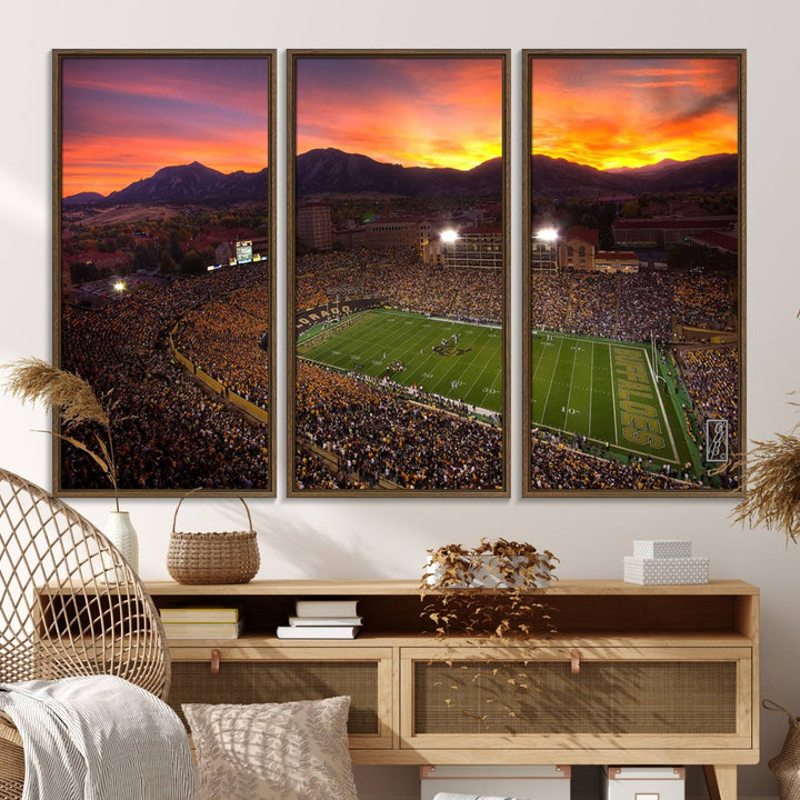 58708-MGV-FC-48X32-3P_Walnut-Colorado Buffaloes Football Team Print - Boulder Folsom Field Stadium Wall Art Canvas Print