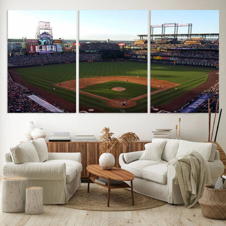 A beautifully striking triptych of Colorado Rockies Coors Field during a game adorns the living room, its vibrant scenes captured on museum-quality canvas. This Colorado Rockies Coors Field Wall Art Canvas Print is ready to hang and sure to impress with its remarkable detail.