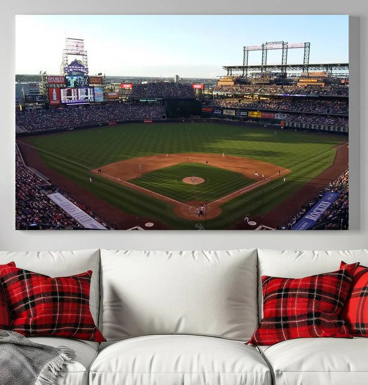 A beautifully striking triptych of Colorado Rockies Coors Field during a game adorns the living room, its vibrant scenes captured on museum-quality canvas. This Colorado Rockies Coors Field Wall Art Canvas Print is ready to hang and sure to impress with its remarkable detail.