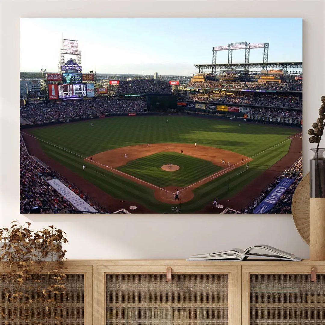 A beautifully striking triptych of Colorado Rockies Coors Field during a game adorns the living room, its vibrant scenes captured on museum-quality canvas. This Colorado Rockies Coors Field Wall Art Canvas Print is ready to hang and sure to impress with its remarkable detail.