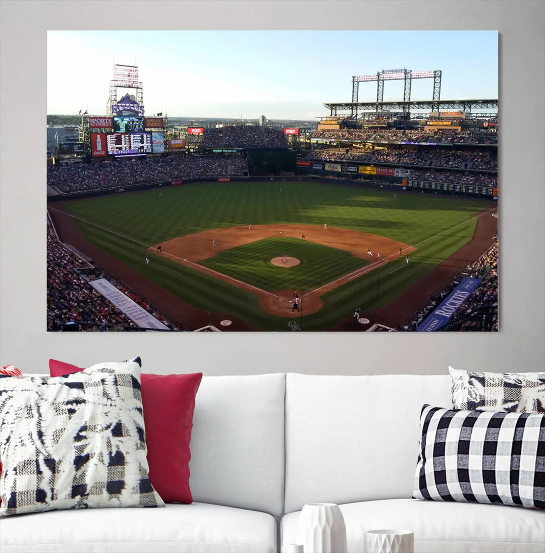 A beautifully striking triptych of Colorado Rockies Coors Field during a game adorns the living room, its vibrant scenes captured on museum-quality canvas. This Colorado Rockies Coors Field Wall Art Canvas Print is ready to hang and sure to impress with its remarkable detail.