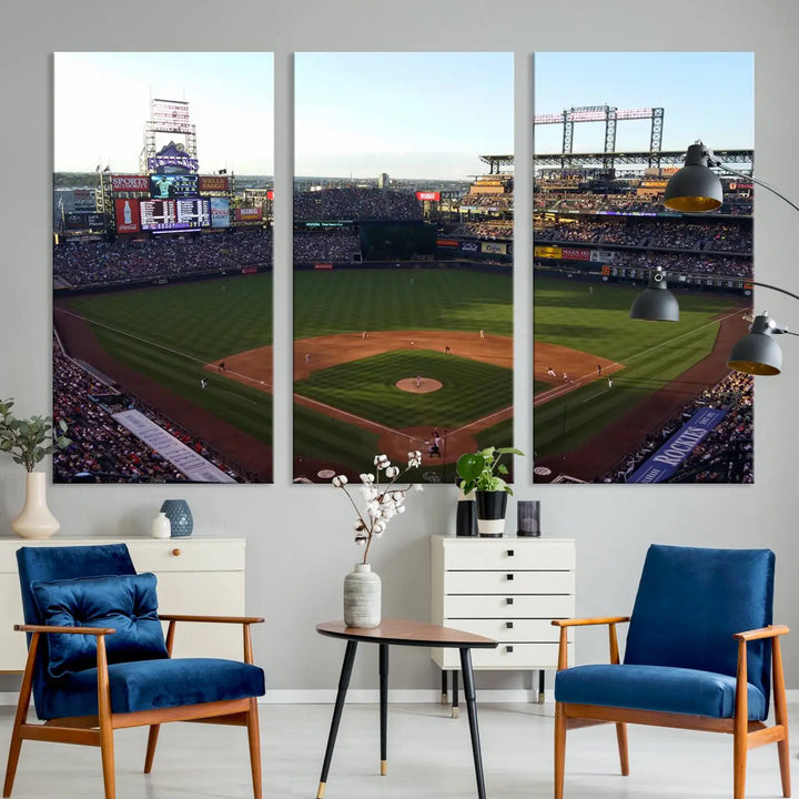 A beautifully striking triptych of Colorado Rockies Coors Field during a game adorns the living room, its vibrant scenes captured on museum-quality canvas. This Colorado Rockies Coors Field Wall Art Canvas Print is ready to hang and sure to impress with its remarkable detail.