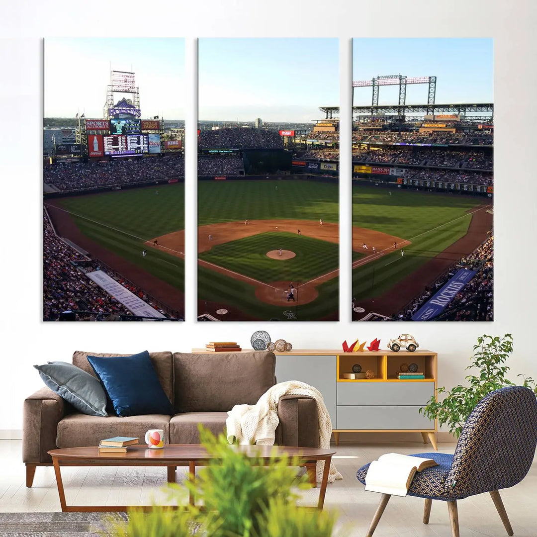 A beautifully striking triptych of Colorado Rockies Coors Field during a game adorns the living room, its vibrant scenes captured on museum-quality canvas. This Colorado Rockies Coors Field Wall Art Canvas Print is ready to hang and sure to impress with its remarkable detail.