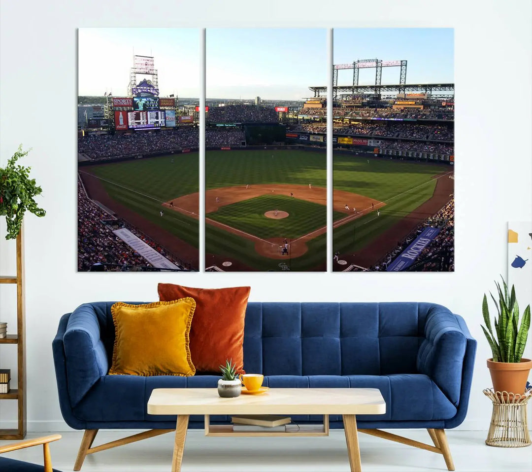 A beautifully striking triptych of Colorado Rockies Coors Field during a game adorns the living room, its vibrant scenes captured on museum-quality canvas. This Colorado Rockies Coors Field Wall Art Canvas Print is ready to hang and sure to impress with its remarkable detail.