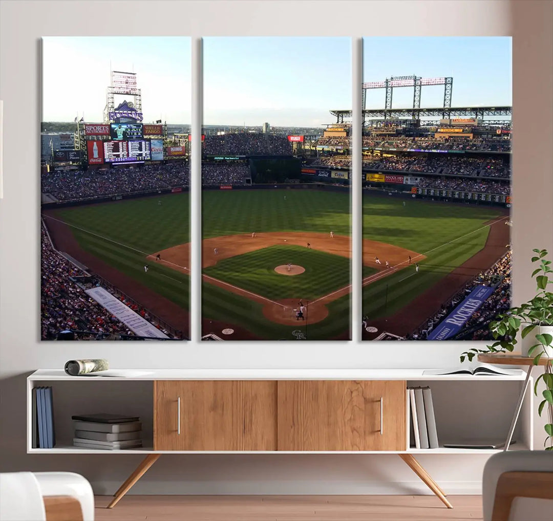 A beautifully striking triptych of Colorado Rockies Coors Field during a game adorns the living room, its vibrant scenes captured on museum-quality canvas. This Colorado Rockies Coors Field Wall Art Canvas Print is ready to hang and sure to impress with its remarkable detail.