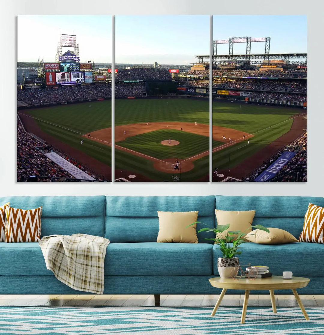 A beautifully striking triptych of Colorado Rockies Coors Field during a game adorns the living room, its vibrant scenes captured on museum-quality canvas. This Colorado Rockies Coors Field Wall Art Canvas Print is ready to hang and sure to impress with its remarkable detail.