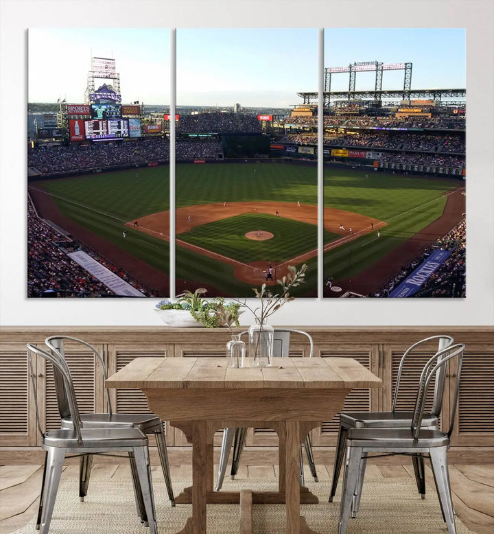 A beautifully striking triptych of Colorado Rockies Coors Field during a game adorns the living room, its vibrant scenes captured on museum-quality canvas. This Colorado Rockies Coors Field Wall Art Canvas Print is ready to hang and sure to impress with its remarkable detail.