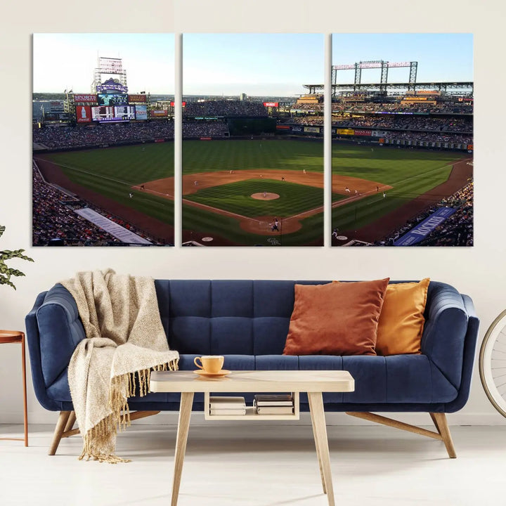 A beautifully striking triptych of Colorado Rockies Coors Field during a game adorns the living room, its vibrant scenes captured on museum-quality canvas. This Colorado Rockies Coors Field Wall Art Canvas Print is ready to hang and sure to impress with its remarkable detail.