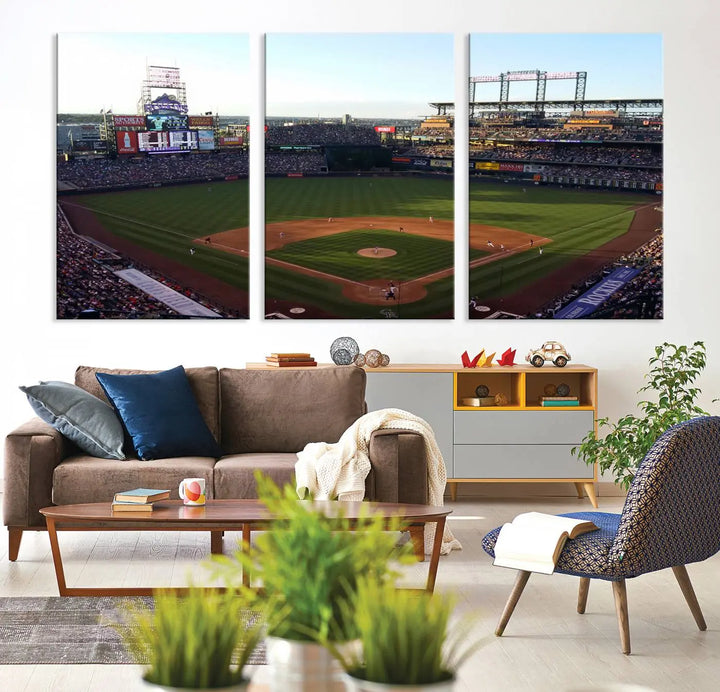 A beautifully striking triptych of Colorado Rockies Coors Field during a game adorns the living room, its vibrant scenes captured on museum-quality canvas. This Colorado Rockies Coors Field Wall Art Canvas Print is ready to hang and sure to impress with its remarkable detail.