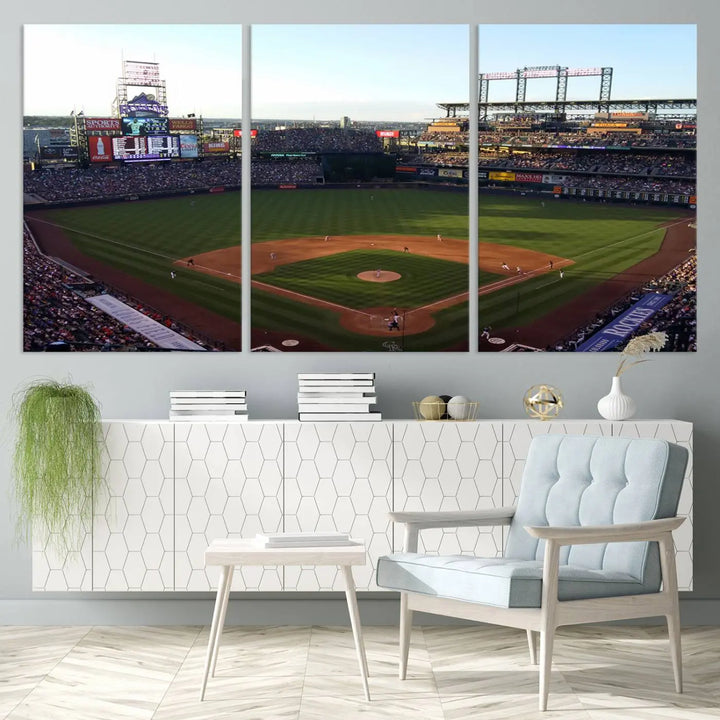 A beautifully striking triptych of Colorado Rockies Coors Field during a game adorns the living room, its vibrant scenes captured on museum-quality canvas. This Colorado Rockies Coors Field Wall Art Canvas Print is ready to hang and sure to impress with its remarkable detail.