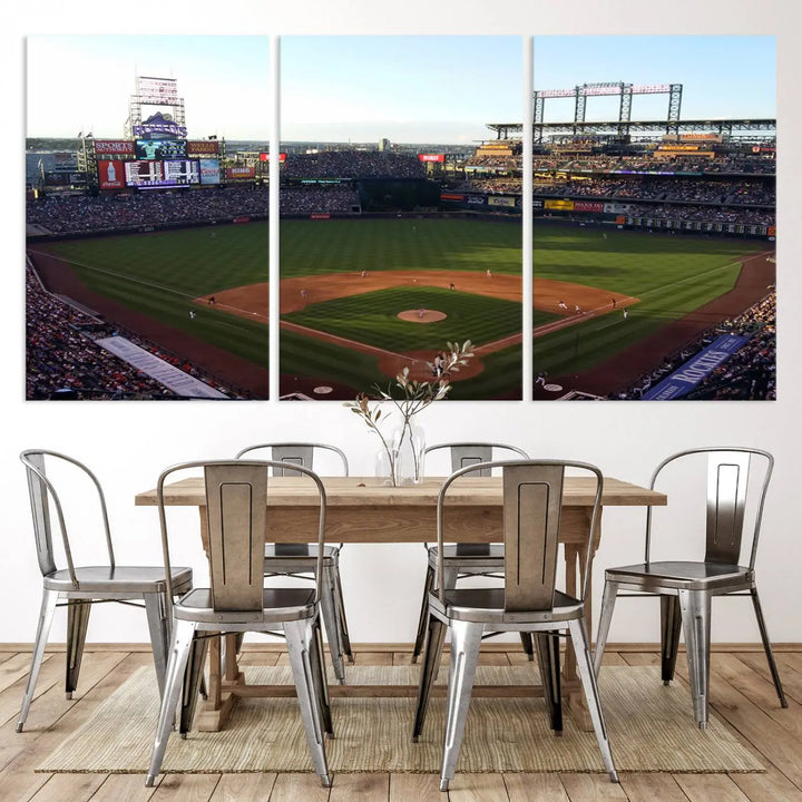 A beautifully striking triptych of Colorado Rockies Coors Field during a game adorns the living room, its vibrant scenes captured on museum-quality canvas. This Colorado Rockies Coors Field Wall Art Canvas Print is ready to hang and sure to impress with its remarkable detail.