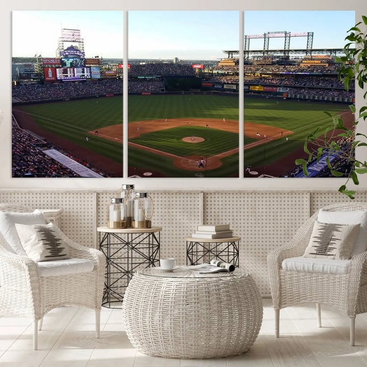 A beautifully striking triptych of Colorado Rockies Coors Field during a game adorns the living room, its vibrant scenes captured on museum-quality canvas. This Colorado Rockies Coors Field Wall Art Canvas Print is ready to hang and sure to impress with its remarkable detail.