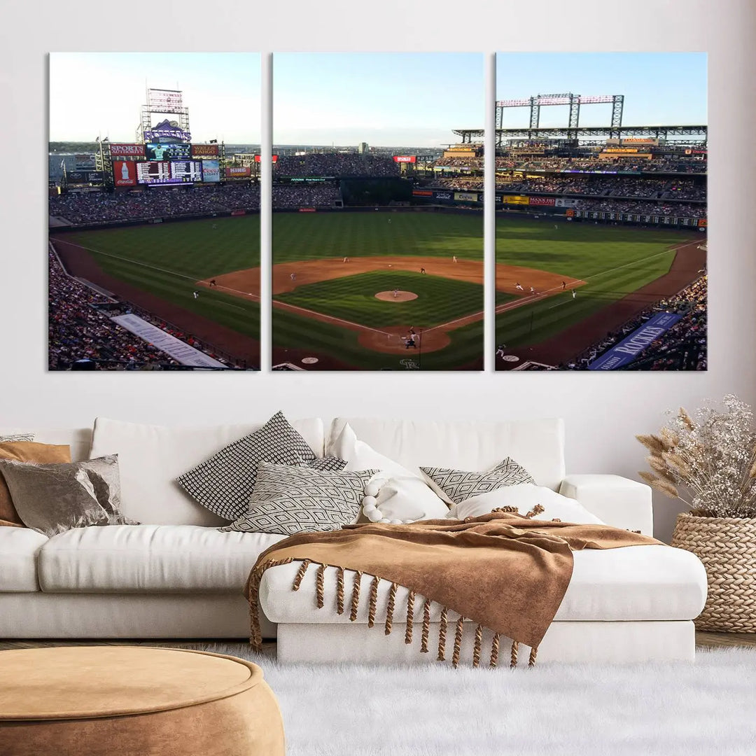 A beautifully striking triptych of Colorado Rockies Coors Field during a game adorns the living room, its vibrant scenes captured on museum-quality canvas. This Colorado Rockies Coors Field Wall Art Canvas Print is ready to hang and sure to impress with its remarkable detail.