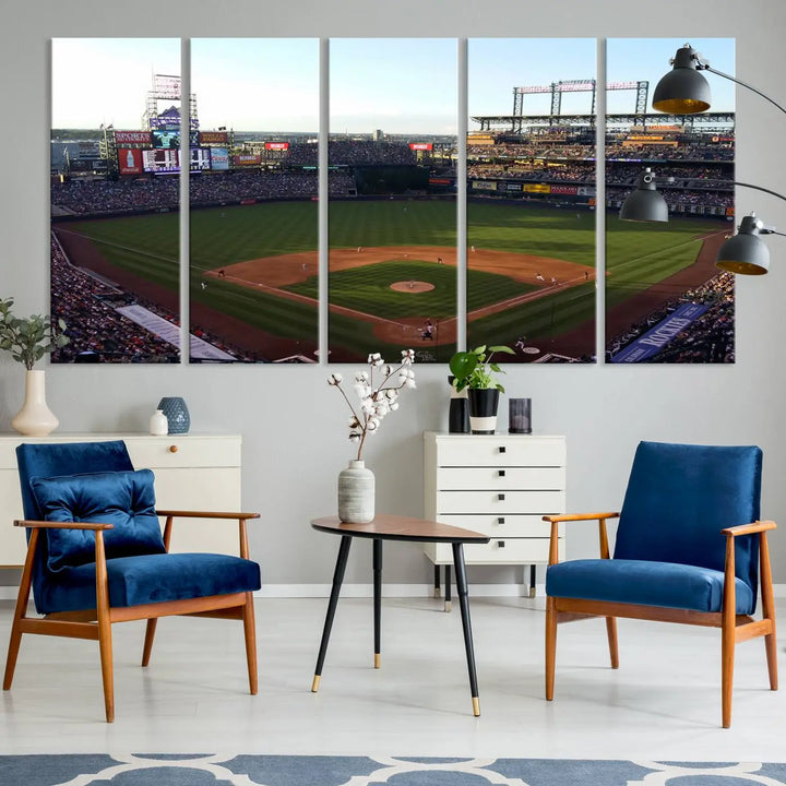 A beautifully striking triptych of Colorado Rockies Coors Field during a game adorns the living room, its vibrant scenes captured on museum-quality canvas. This Colorado Rockies Coors Field Wall Art Canvas Print is ready to hang and sure to impress with its remarkable detail.