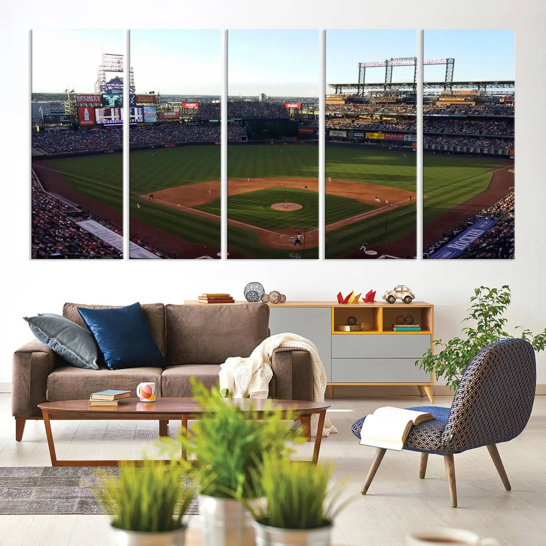 A beautifully striking triptych of Colorado Rockies Coors Field during a game adorns the living room, its vibrant scenes captured on museum-quality canvas. This Colorado Rockies Coors Field Wall Art Canvas Print is ready to hang and sure to impress with its remarkable detail.