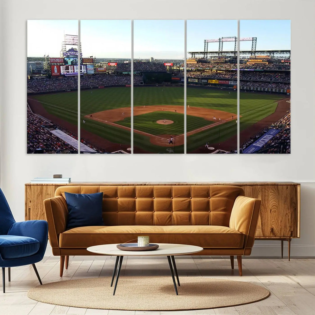 A beautifully striking triptych of Colorado Rockies Coors Field during a game adorns the living room, its vibrant scenes captured on museum-quality canvas. This Colorado Rockies Coors Field Wall Art Canvas Print is ready to hang and sure to impress with its remarkable detail.