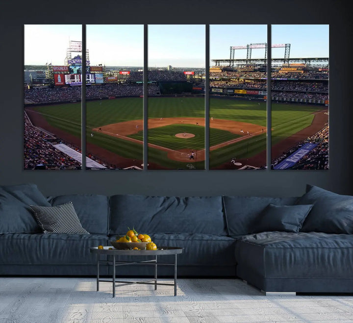 A beautifully striking triptych of Colorado Rockies Coors Field during a game adorns the living room, its vibrant scenes captured on museum-quality canvas. This Colorado Rockies Coors Field Wall Art Canvas Print is ready to hang and sure to impress with its remarkable detail.