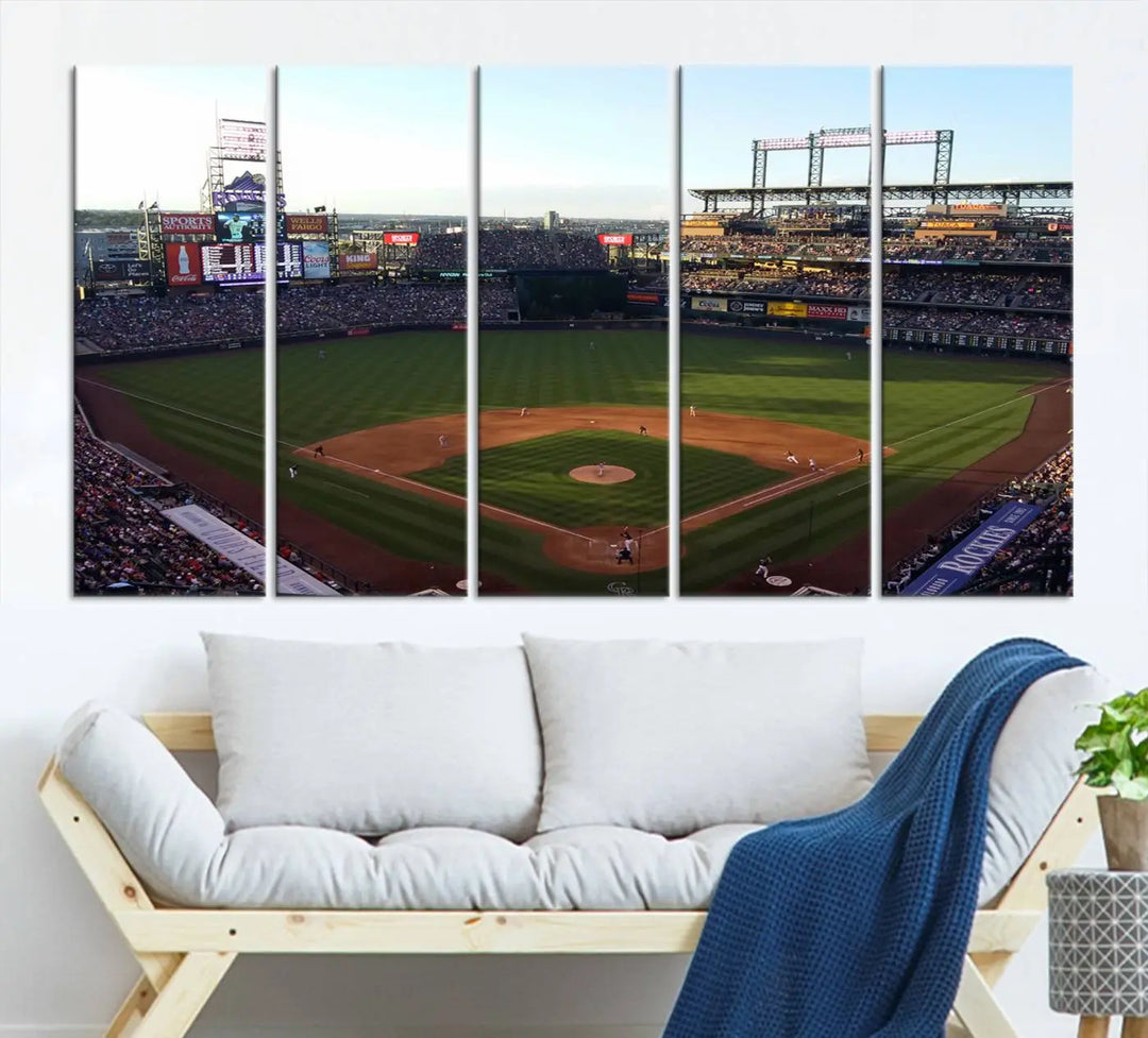 A beautifully striking triptych of Colorado Rockies Coors Field during a game adorns the living room, its vibrant scenes captured on museum-quality canvas. This Colorado Rockies Coors Field Wall Art Canvas Print is ready to hang and sure to impress with its remarkable detail.