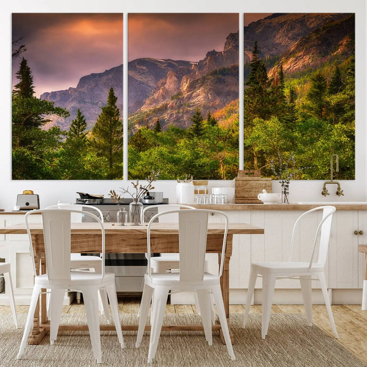 The wall art in the dining area is a stunning Colorado Rocky Mountains Wall Art Canvas Print. This triptych captures the breathtaking beauty of the mountains at sunset and comes ready to hang.