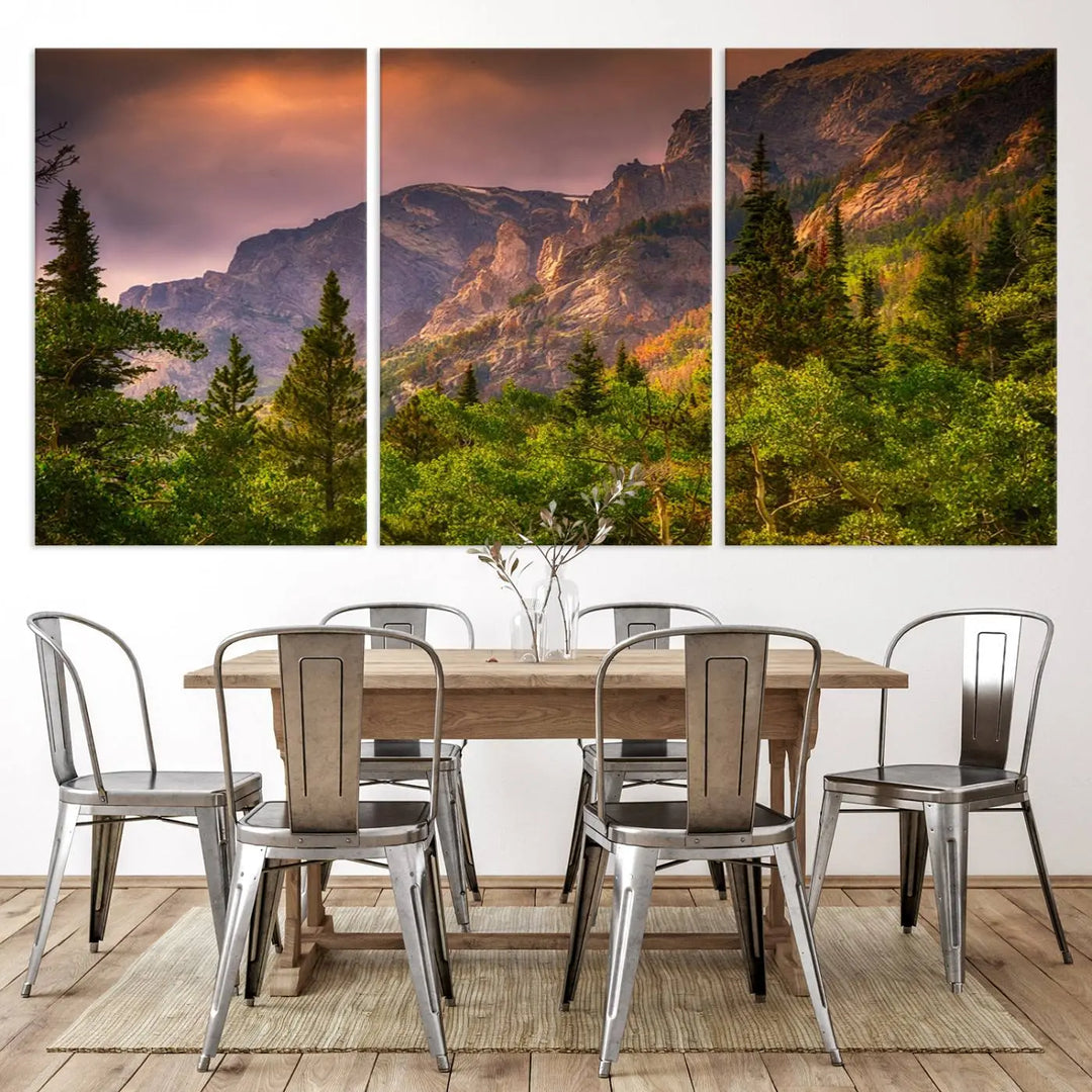 The wall art in the dining area is a stunning Colorado Rocky Mountains Wall Art Canvas Print. This triptych captures the breathtaking beauty of the mountains at sunset and comes ready to hang.