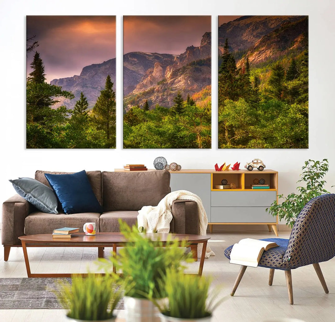 The wall art in the dining area is a stunning Colorado Rocky Mountains Wall Art Canvas Print. This triptych captures the breathtaking beauty of the mountains at sunset and comes ready to hang.