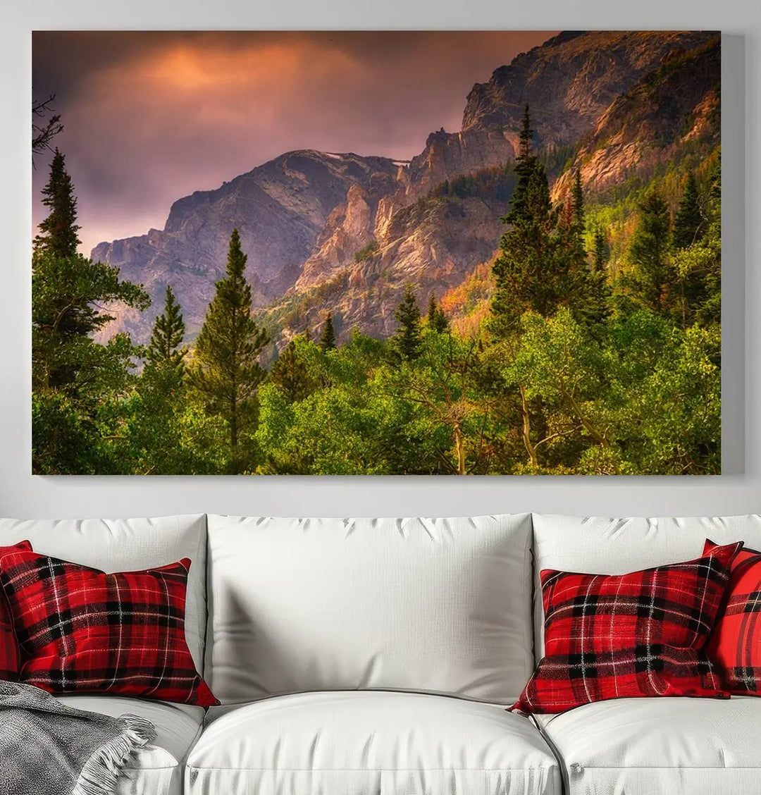 The wall art in the dining area is a stunning Colorado Rocky Mountains Wall Art Canvas Print. This triptych captures the breathtaking beauty of the mountains at sunset and comes ready to hang.