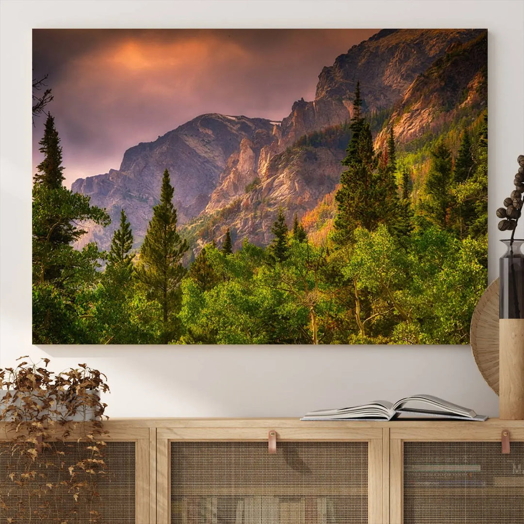 The wall art in the dining area is a stunning Colorado Rocky Mountains Wall Art Canvas Print. This triptych captures the breathtaking beauty of the mountains at sunset and comes ready to hang.