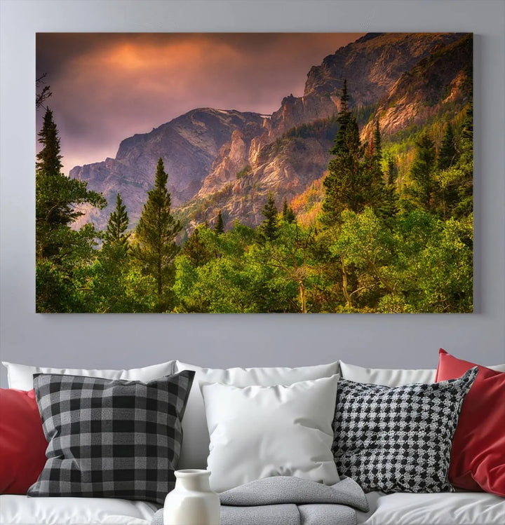 The wall art in the dining area is a stunning Colorado Rocky Mountains Wall Art Canvas Print. This triptych captures the breathtaking beauty of the mountains at sunset and comes ready to hang.