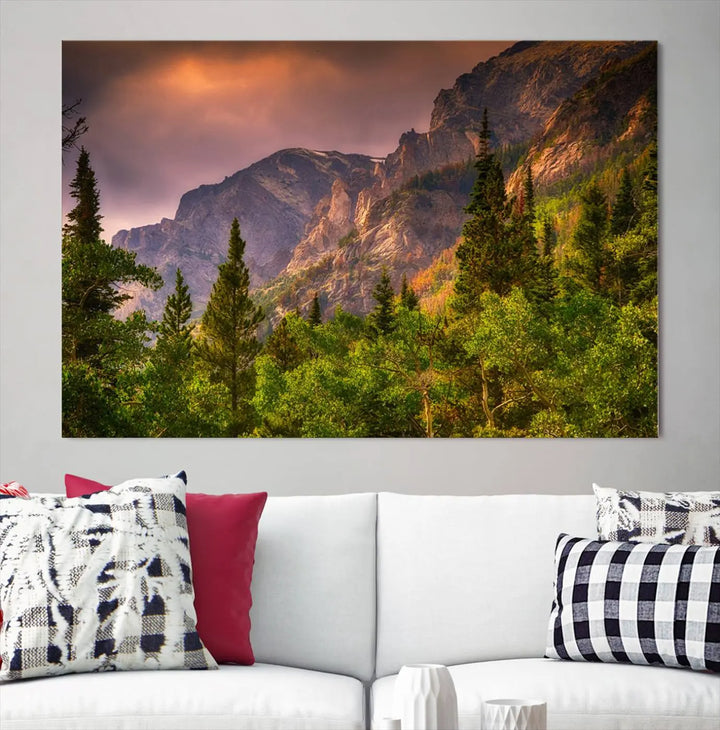 The wall art in the dining area is a stunning Colorado Rocky Mountains Wall Art Canvas Print. This triptych captures the breathtaking beauty of the mountains at sunset and comes ready to hang.