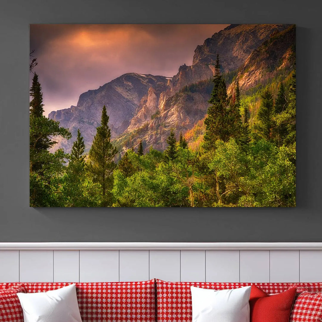 The wall art in the dining area is a stunning Colorado Rocky Mountains Wall Art Canvas Print. This triptych captures the breathtaking beauty of the mountains at sunset and comes ready to hang.