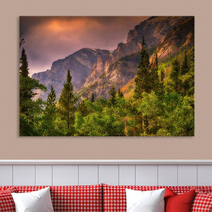 The wall art in the dining area is a stunning Colorado Rocky Mountains Wall Art Canvas Print. This triptych captures the breathtaking beauty of the mountains at sunset and comes ready to hang.