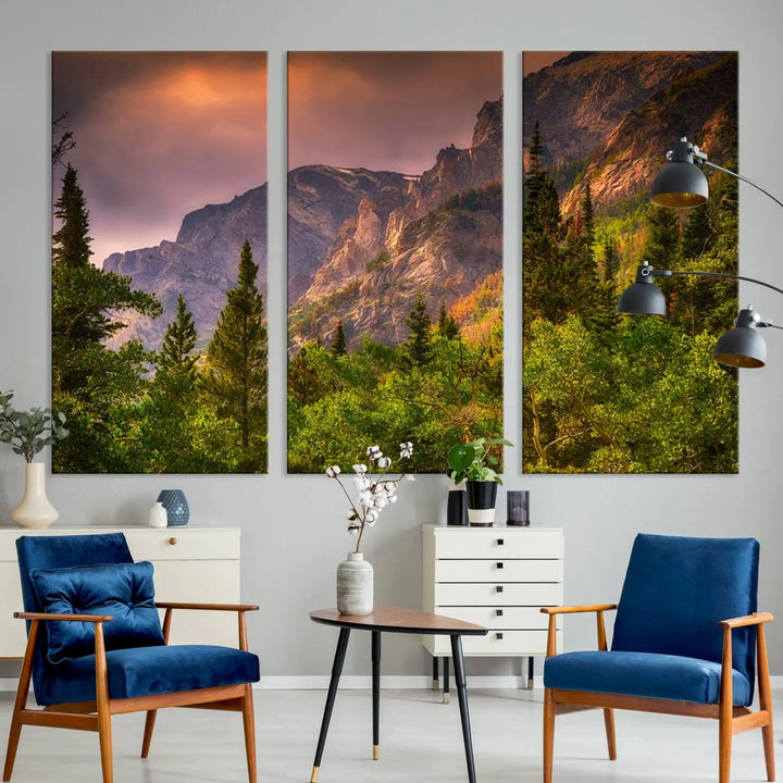 The wall art in the dining area is a stunning Colorado Rocky Mountains Wall Art Canvas Print. This triptych captures the breathtaking beauty of the mountains at sunset and comes ready to hang.