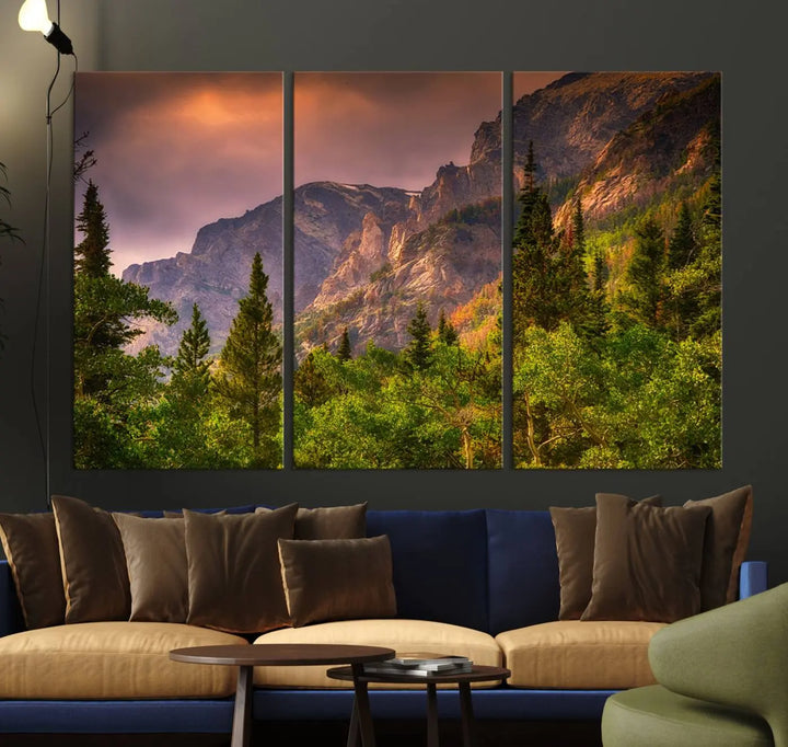 The wall art in the dining area is a stunning Colorado Rocky Mountains Wall Art Canvas Print. This triptych captures the breathtaking beauty of the mountains at sunset and comes ready to hang.