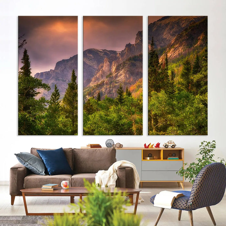 The wall art in the dining area is a stunning Colorado Rocky Mountains Wall Art Canvas Print. This triptych captures the breathtaking beauty of the mountains at sunset and comes ready to hang.