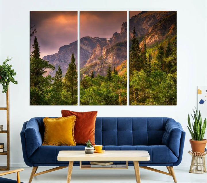 The wall art in the dining area is a stunning Colorado Rocky Mountains Wall Art Canvas Print. This triptych captures the breathtaking beauty of the mountains at sunset and comes ready to hang.