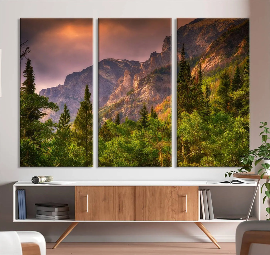 The wall art in the dining area is a stunning Colorado Rocky Mountains Wall Art Canvas Print. This triptych captures the breathtaking beauty of the mountains at sunset and comes ready to hang.