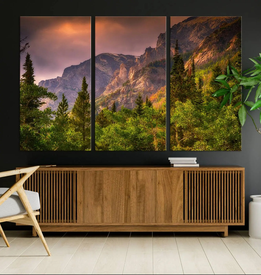 The wall art in the dining area is a stunning Colorado Rocky Mountains Wall Art Canvas Print. This triptych captures the breathtaking beauty of the mountains at sunset and comes ready to hang.