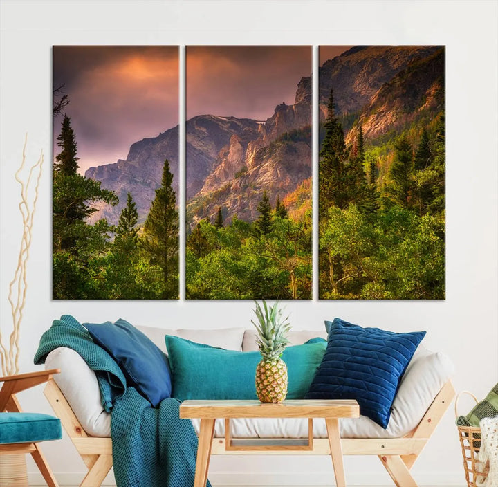 The wall art in the dining area is a stunning Colorado Rocky Mountains Wall Art Canvas Print. This triptych captures the breathtaking beauty of the mountains at sunset and comes ready to hang.