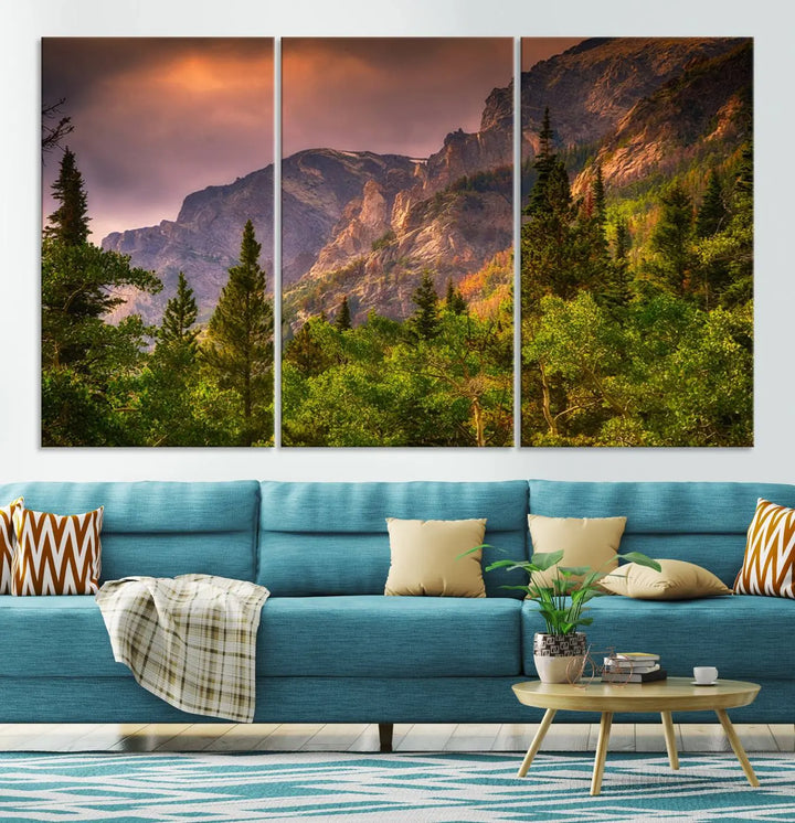 The wall art in the dining area is a stunning Colorado Rocky Mountains Wall Art Canvas Print. This triptych captures the breathtaking beauty of the mountains at sunset and comes ready to hang.