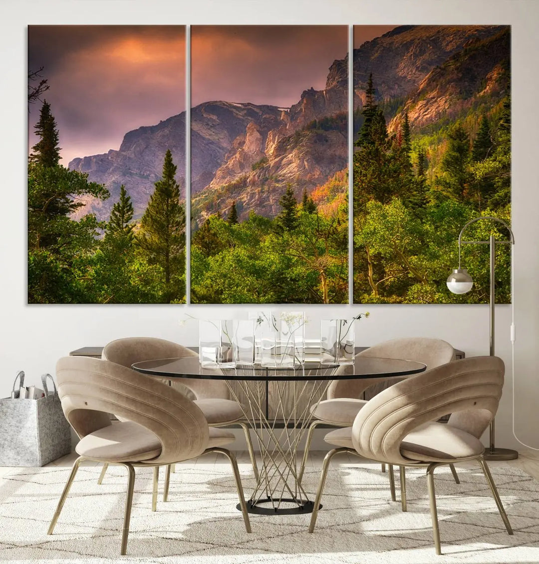 The wall art in the dining area is a stunning Colorado Rocky Mountains Wall Art Canvas Print. This triptych captures the breathtaking beauty of the mountains at sunset and comes ready to hang.