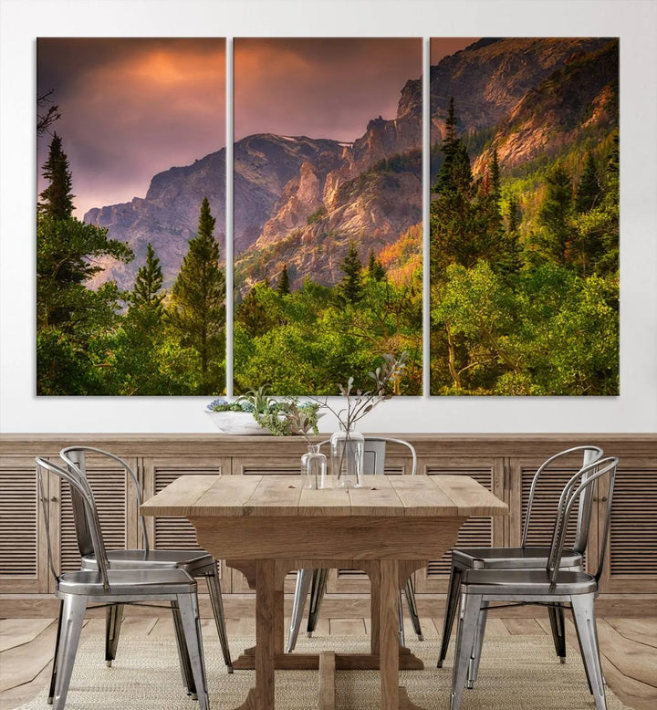 The wall art in the dining area is a stunning Colorado Rocky Mountains Wall Art Canvas Print. This triptych captures the breathtaking beauty of the mountains at sunset and comes ready to hang.