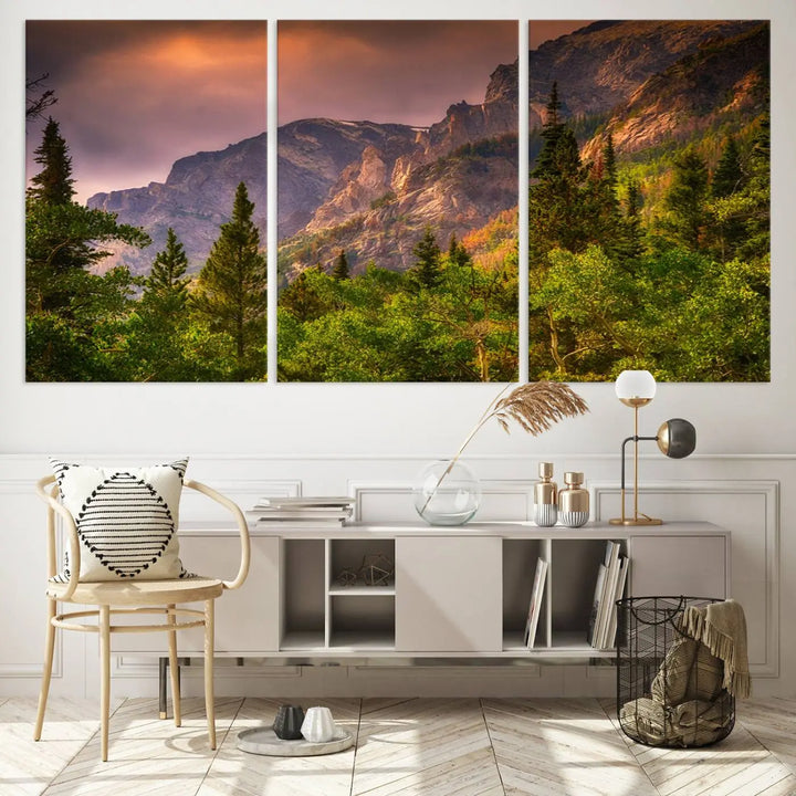 The wall art in the dining area is a stunning Colorado Rocky Mountains Wall Art Canvas Print. This triptych captures the breathtaking beauty of the mountains at sunset and comes ready to hang.