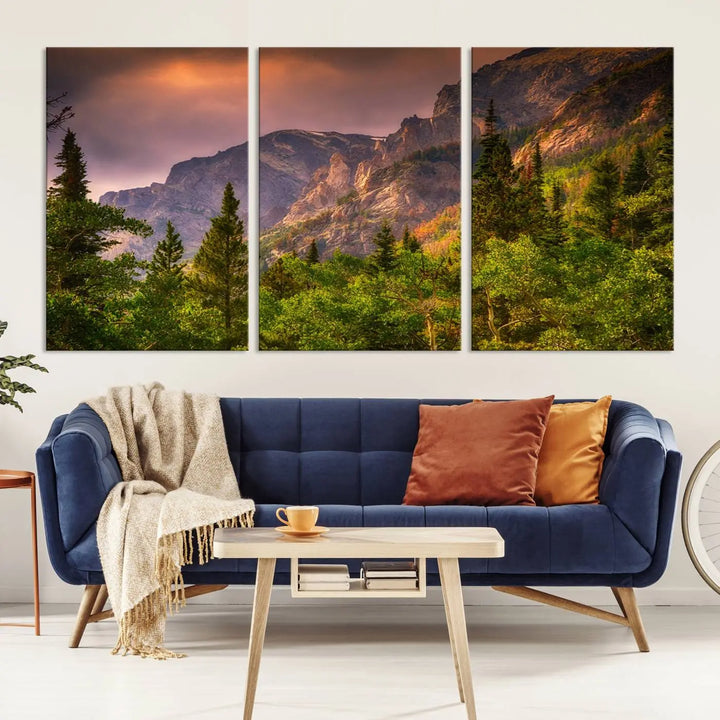 The wall art in the dining area is a stunning Colorado Rocky Mountains Wall Art Canvas Print. This triptych captures the breathtaking beauty of the mountains at sunset and comes ready to hang.