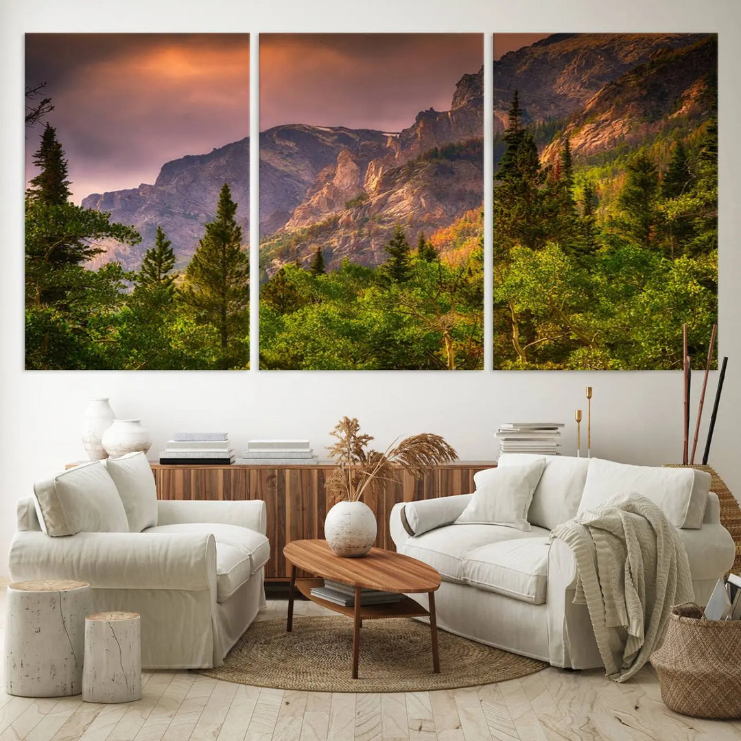 The wall art in the dining area is a stunning Colorado Rocky Mountains Wall Art Canvas Print. This triptych captures the breathtaking beauty of the mountains at sunset and comes ready to hang.