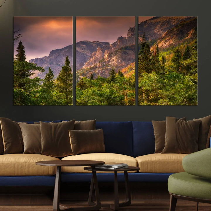 The wall art in the dining area is a stunning Colorado Rocky Mountains Wall Art Canvas Print. This triptych captures the breathtaking beauty of the mountains at sunset and comes ready to hang.