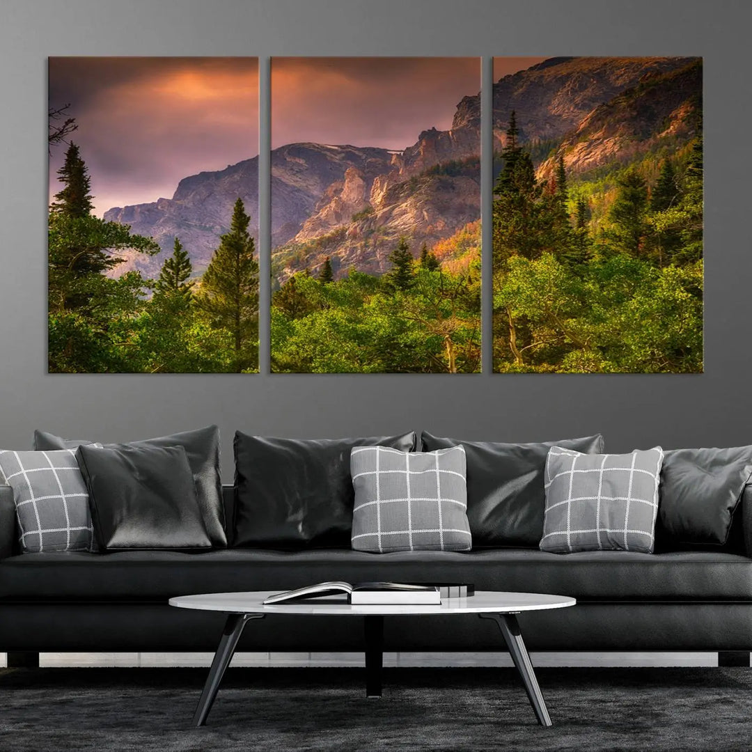 The wall art in the dining area is a stunning Colorado Rocky Mountains Wall Art Canvas Print. This triptych captures the breathtaking beauty of the mountains at sunset and comes ready to hang.