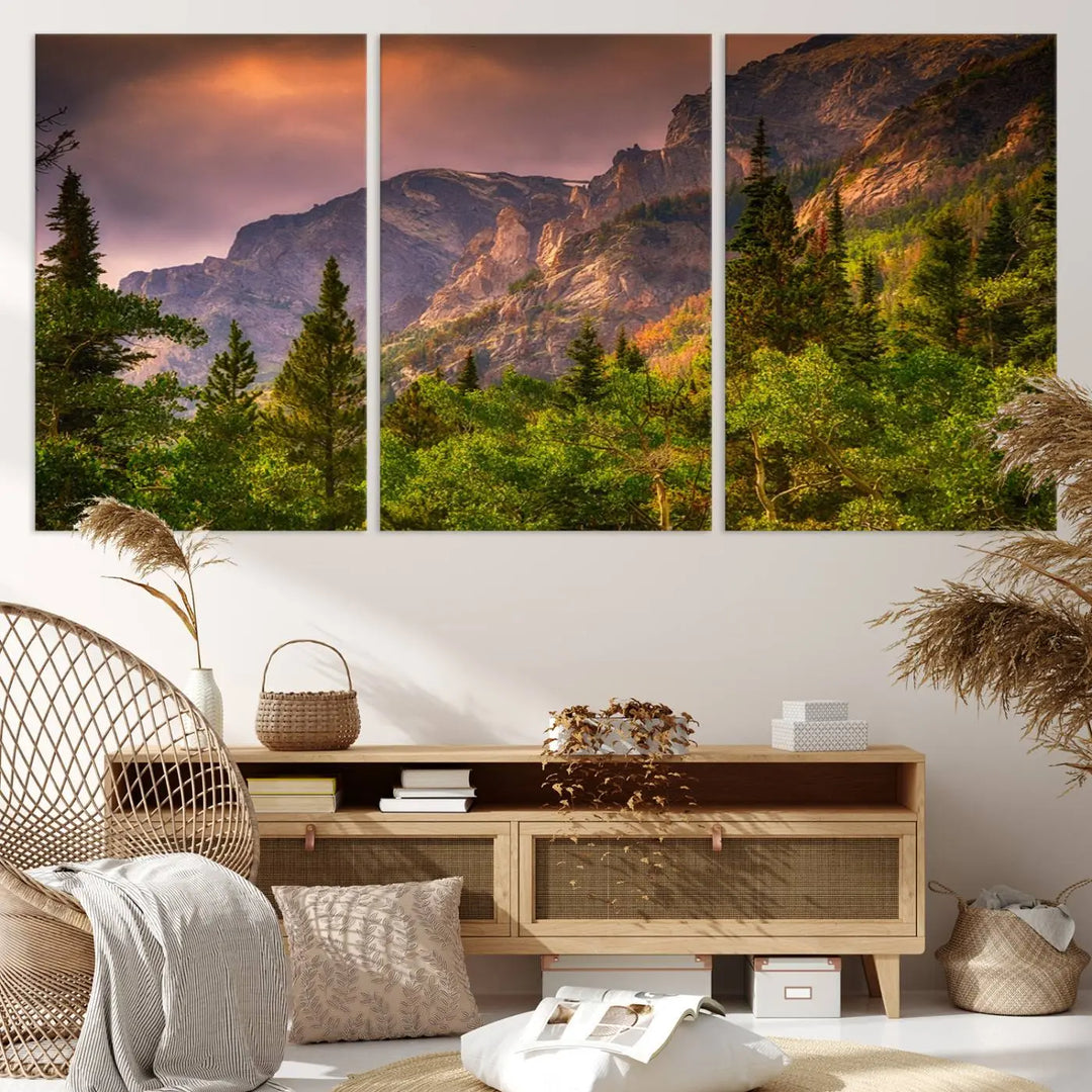 The wall art in the dining area is a stunning Colorado Rocky Mountains Wall Art Canvas Print. This triptych captures the breathtaking beauty of the mountains at sunset and comes ready to hang.