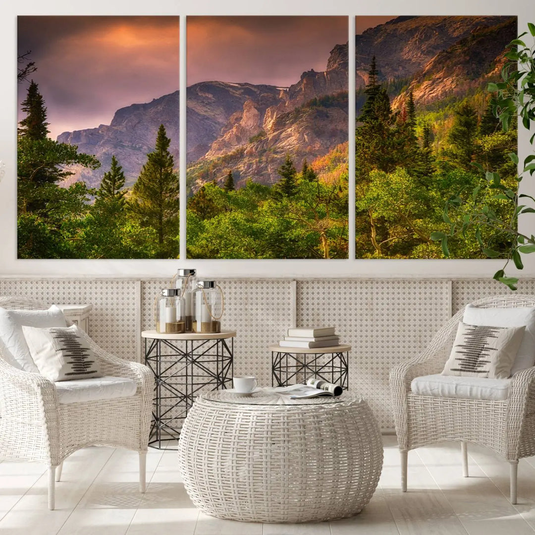 The wall art in the dining area is a stunning Colorado Rocky Mountains Wall Art Canvas Print. This triptych captures the breathtaking beauty of the mountains at sunset and comes ready to hang.