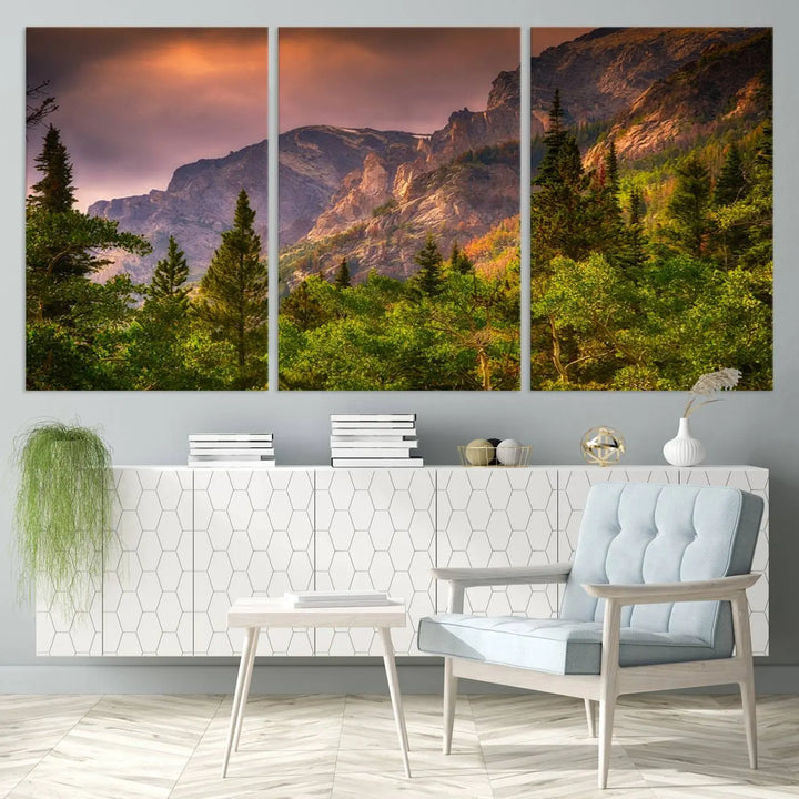 The wall art in the dining area is a stunning Colorado Rocky Mountains Wall Art Canvas Print. This triptych captures the breathtaking beauty of the mountains at sunset and comes ready to hang.